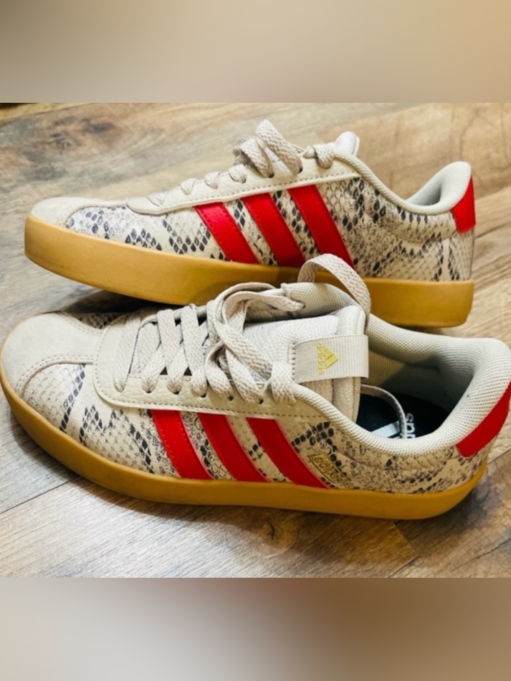 adidas Beige Snake-Print Sneakers with Red Accents